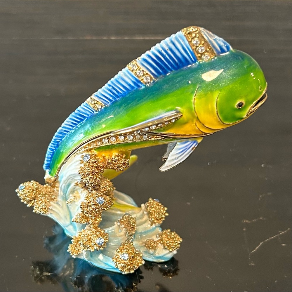 Jeweled Enamel Mahi Mahi Fish Hinged Trinket Box Figurine Blue & Green - Picture 2 of 6